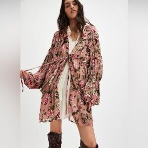 Free People Pink  Sheer Burnout Velvet Kimono  One Size